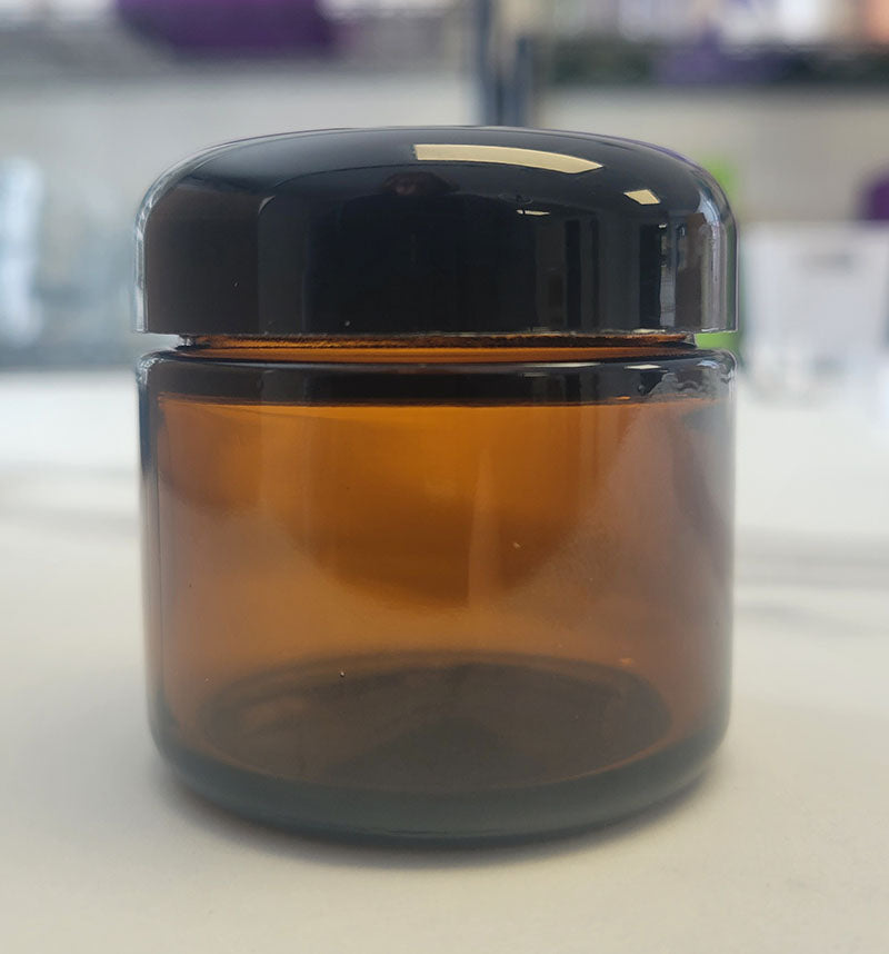 Cosmetic Jar, Glass Amber 2oz w/black Domed lid (53/400)