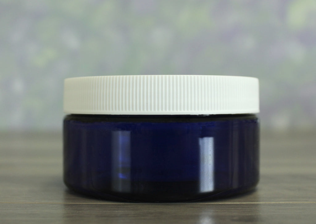Jar, PET Blue Wide, 8oz + Ribbed White Lid (89/400)