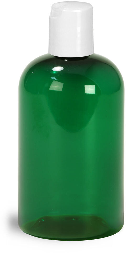 Boston Round PET, GREEN, 4oz + Disc White Caps (20/410) 